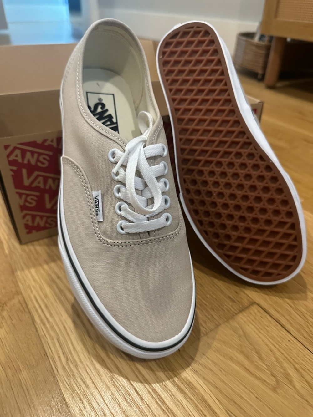 Vans Beige Canvas Low-Top Sneakers with White Trim and Gum Sole